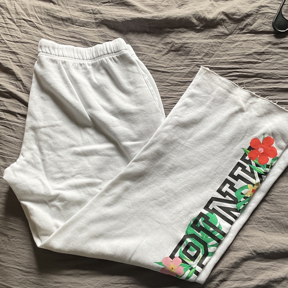 PINK Victoria's Secret White Wide Leg Pants with Floral Design